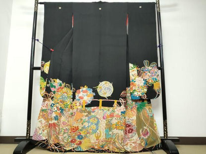 平和屋本店●アンティーク　大正ロマン　振袖　飛鶴草花文　黒地　正絹　逸品　DABL1370ud
