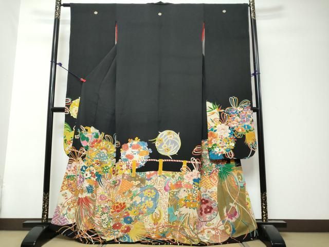 平和屋本店●アンティーク　大正ロマン　振袖　飛鶴草花文　黒地　正絹　逸品　DABL1370ud