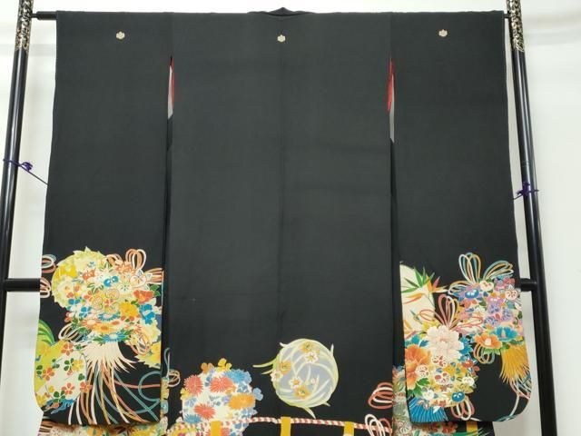 平和屋本店●アンティーク　大正ロマン　振袖　飛鶴草花文　黒地　正絹　逸品　DABL1370ud
