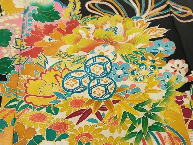 平和屋本店●アンティーク　大正ロマン　振袖　飛鶴草花文　黒地　正絹　逸品　DABL1370ud