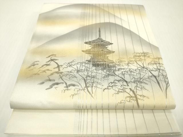 平和屋着物▼太鼓柄袋帯　作家物　手描き　風景文　正絹　逸品　DABL2010fe