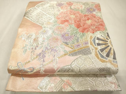 平和屋着物▼佐賀錦 六通柄袋帯 檜扇花車文 金銀糸 正絹 逸品 DABL2013fe