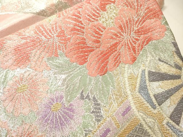 平和屋着物▼佐賀錦 六通柄袋帯 檜扇花車文 金銀糸 正絹 逸品 DABL2013fe