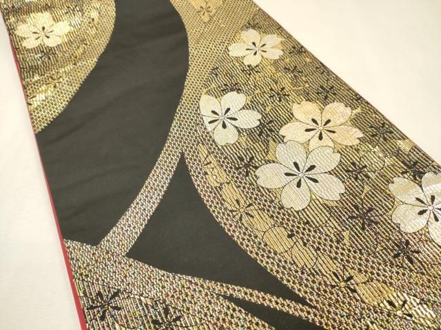 平和屋着物▼六通柄袋帯　舞桜　黒地　金糸　正絹　逸品　DABL2016fe