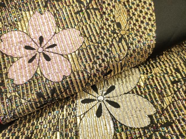 平和屋着物▼六通柄袋帯　舞桜　黒地　金糸　正絹　逸品　DABL2016fe
