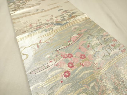 平和屋着物▼本加賀友禅作家　柿本市郎　六通柄袋帯　渡り舟風景花文　金銀糸　正絹　逸品　DABL2032fe