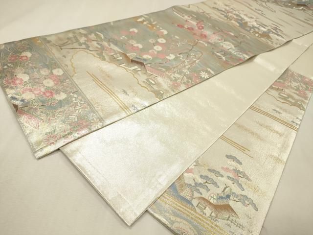 平和屋着物▼本加賀友禅作家　柿本市郎　六通柄袋帯　渡り舟風景花文　金銀糸　正絹　逸品　DABL2032fe