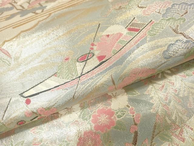 平和屋着物▼本加賀友禅作家　柿本市郎　六通柄袋帯　渡り舟風景花文　金銀糸　正絹　逸品　DABL2032fe
