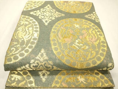 平和屋着物▼六通柄袋帯　花鳥絵皿文　金糸　正絹　逸品　DABL2046fe