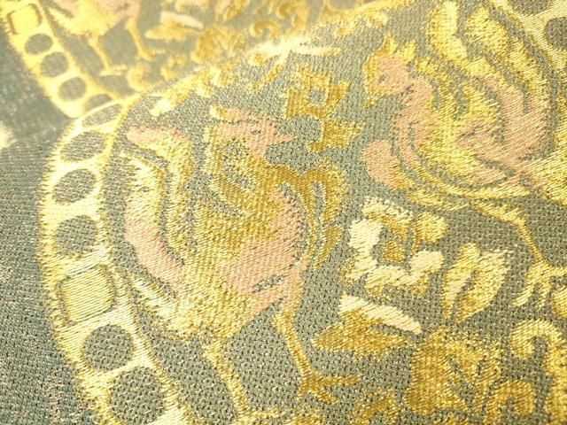 平和屋着物▼六通柄袋帯　花鳥絵皿文　金糸　正絹　逸品　DABL2046fe