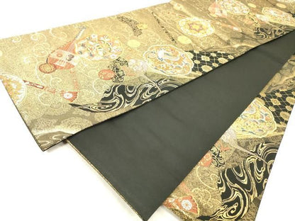平和屋着物▼六通柄袋帯　唐織　宝鏡清薫文　黒地　金銀糸　正絹　逸品　DABL2061fe