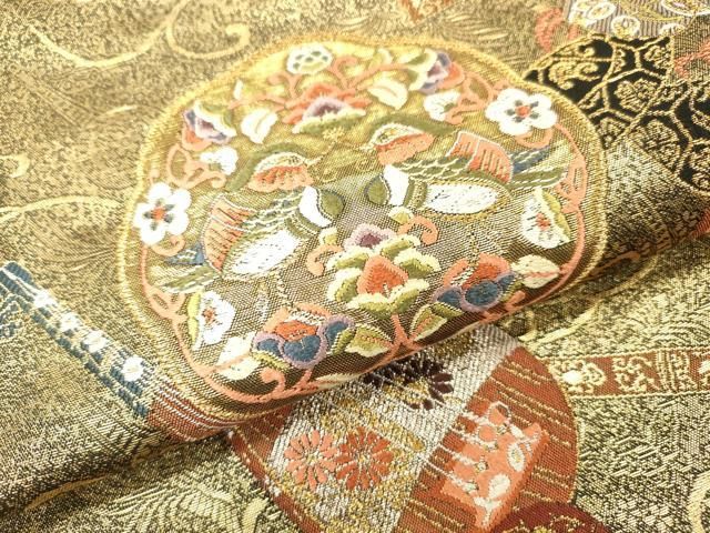 平和屋着物▼六通柄袋帯　唐織　宝鏡清薫文　黒地　金銀糸　正絹　逸品　DABL2061fe