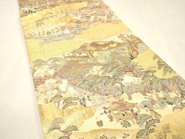 平和屋着物▼西陣　六通柄袋帯　唐織　洛中洛外図　金糸　反端付き　正絹　逸品　DABL2064fe