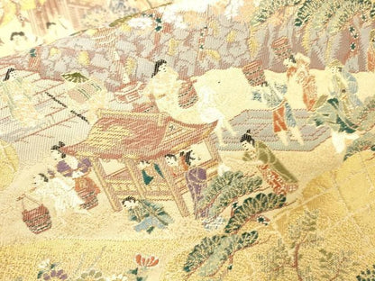 平和屋着物▼西陣　六通柄袋帯　唐織　洛中洛外図　金糸　反端付き　正絹　逸品　DABL2064fe