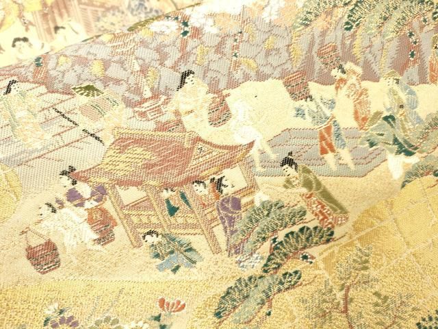 平和屋着物▼西陣　六通柄袋帯　唐織　洛中洛外図　金糸　反端付き　正絹　逸品　DABL2064fe