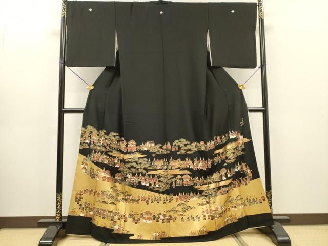 平和屋着物▼高級染元　粋峰　林芳夫　京加賀友禅　黒留袖　刺繍　大名行列　純金箔　正絹　逸品　DABL2082fe