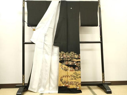 平和屋着物▼高級染元　粋峰　林芳夫　京加賀友禅　黒留袖　刺繍　大名行列　純金箔　正絹　逸品　DABL2082fe