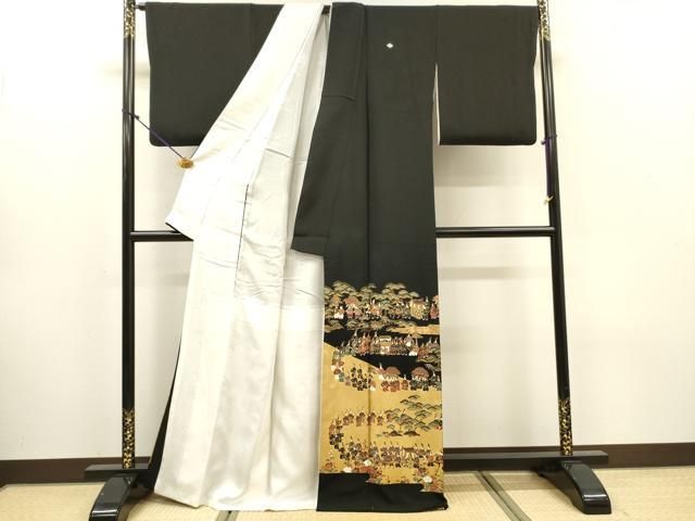 平和屋着物▼高級染元　粋峰　林芳夫　京加賀友禅　黒留袖　刺繍　大名行列　純金箔　正絹　逸品　DABL2082fe