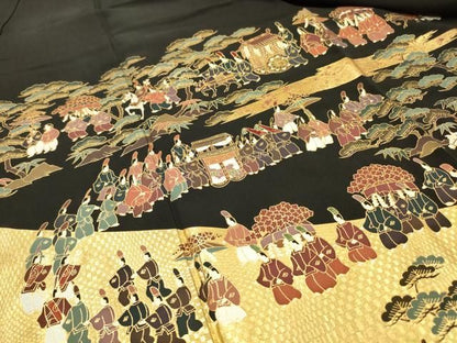平和屋着物▼高級染元　粋峰　林芳夫　京加賀友禅　黒留袖　刺繍　大名行列　純金箔　正絹　逸品　DABL2082fe