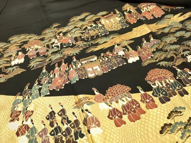 平和屋着物▼高級染元　粋峰　林芳夫　京加賀友禅　黒留袖　刺繍　大名行列　純金箔　正絹　逸品　DABL2082fe