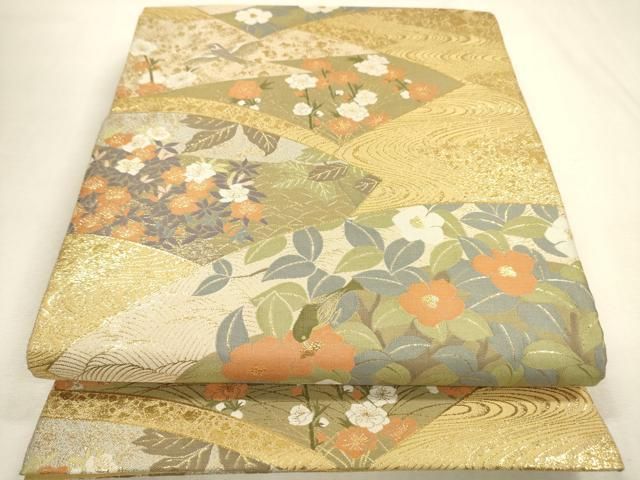 平和屋着物▼伝統工芸士　平田藤三郎　六通柄袋帯　紹巴　地紙花鳥文　金糸　正絹　逸品　DABL2129fe