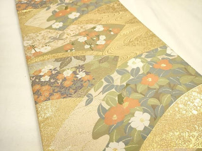 平和屋着物▼伝統工芸士　平田藤三郎　六通柄袋帯　紹巴　地紙花鳥文　金糸　正絹　逸品　DABL2129fe