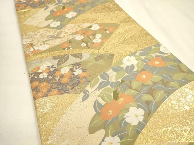 平和屋着物▼伝統工芸士　平田藤三郎　六通柄袋帯　紹巴　地紙花鳥文　金糸　正絹　逸品　DABL2129fe
