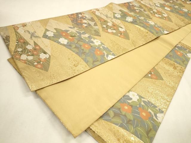 平和屋着物▼伝統工芸士　平田藤三郎　六通柄袋帯　紹巴　地紙花鳥文　金糸　正絹　逸品　DABL2129fe