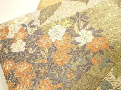 平和屋着物▼伝統工芸士　平田藤三郎　六通柄袋帯　紹巴　地紙花鳥文　金糸　正絹　逸品　DABL2129fe