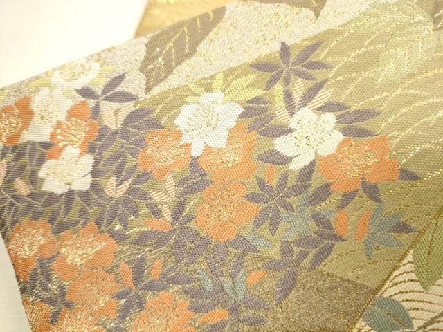 平和屋着物▼伝統工芸士　平田藤三郎　六通柄袋帯　紹巴　地紙花鳥文　金糸　正絹　逸品　DABL2129fe
