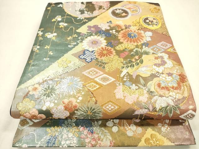 平和屋着物▼六通柄袋帯　唐織　松皮花の丸紋　金糸　引箔　正絹　逸品　DABL2131fe