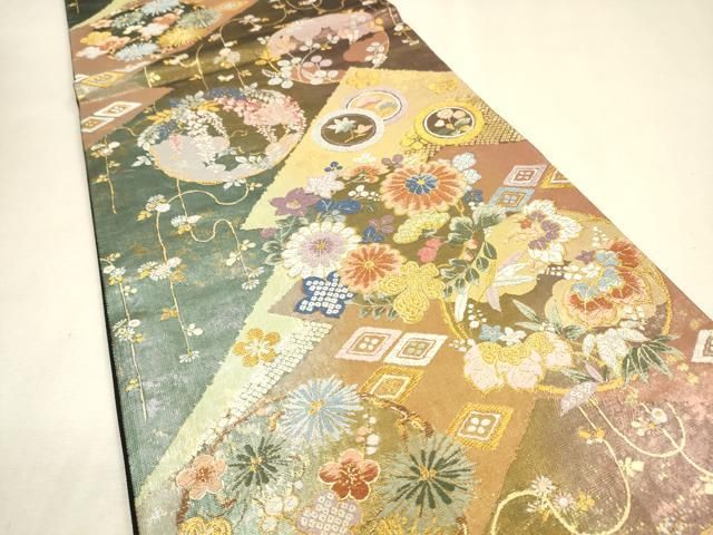 平和屋着物▼六通柄袋帯　唐織　松皮花の丸紋　金糸　引箔　正絹　逸品　DABL2131fe