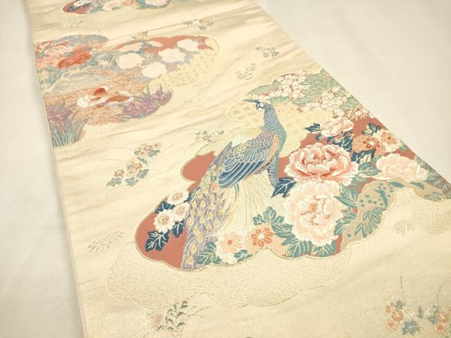 平和屋着物▼六通柄袋帯　唐織　雲取孔雀絵　金糸　正絹　逸品　DABL2135fe