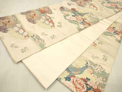 平和屋着物▼六通柄袋帯　唐織　雲取孔雀絵　金糸　正絹　逸品　DABL2135fe