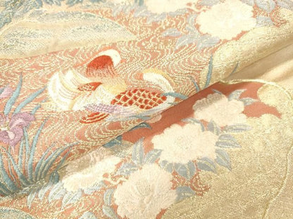 平和屋着物▼六通柄袋帯　唐織　雲取孔雀絵　金糸　正絹　逸品　DABL2135fe