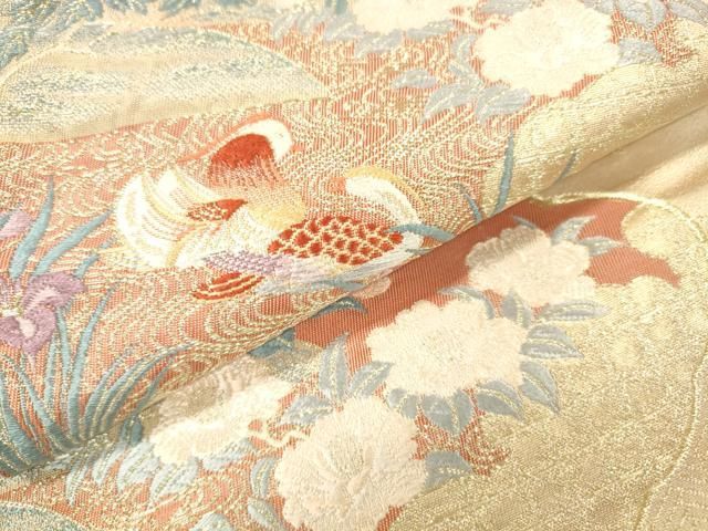 平和屋着物▼六通柄袋帯　唐織　雲取孔雀絵　金糸　正絹　逸品　DABL2135fe