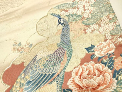 平和屋着物▼六通柄袋帯　唐織　雲取孔雀絵　金糸　正絹　逸品　DABL2135fe