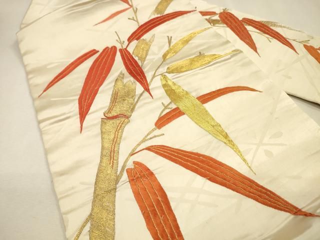 平和屋着物▼アンティーク　大正ロマン　九寸名古屋帯　駒刺繍　総刺繍　笹竹文　金糸　正絹　逸品　DABL2137fe