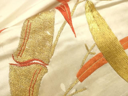 平和屋着物▼アンティーク　大正ロマン　九寸名古屋帯　駒刺繍　総刺繍　笹竹文　金糸　正絹　逸品　DABL2137fe