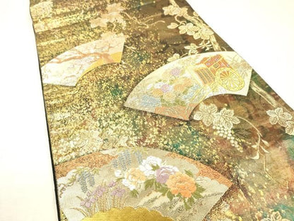 平和屋着物▼西陣　服部織物謹製　六通柄袋帯　唐織　扇面葡萄唐草図　金彩　引箔　正絹　逸品　DABL2143fe
