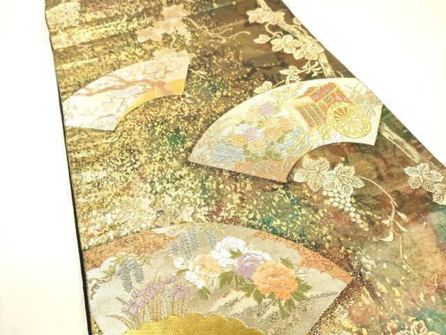 平和屋着物▼西陣　服部織物謹製　六通柄袋帯　唐織　扇面葡萄唐草図　金彩　引箔　正絹　逸品　DABL2143fe