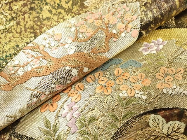 平和屋着物▼西陣　服部織物謹製　六通柄袋帯　唐織　扇面葡萄唐草図　金彩　引箔　正絹　逸品　DABL2143fe