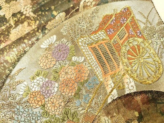 平和屋着物▼西陣　服部織物謹製　六通柄袋帯　唐織　扇面葡萄唐草図　金彩　引箔　正絹　逸品　DABL2143fe