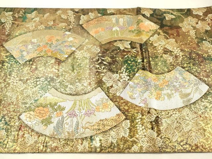 平和屋着物▼西陣　服部織物謹製　六通柄袋帯　唐織　扇面葡萄唐草図　金彩　引箔　正絹　逸品　DABL2143fe
