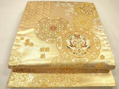 平和屋着物▼六通柄袋帯　幸貴錦　正倉院花鳥絵皿文　金銀糸　正絹　逸品　DABL2145fe