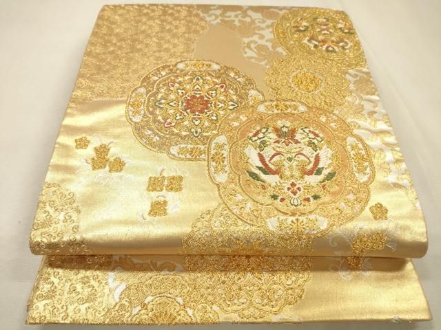 平和屋着物▼六通柄袋帯　幸貴錦　正倉院花鳥絵皿文　金銀糸　正絹　逸品　DABL2145fe