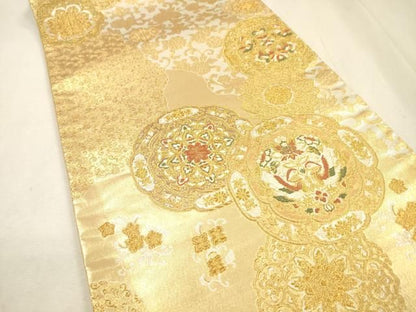 平和屋着物▼六通柄袋帯　幸貴錦　正倉院花鳥絵皿文　金銀糸　正絹　逸品　DABL2145fe