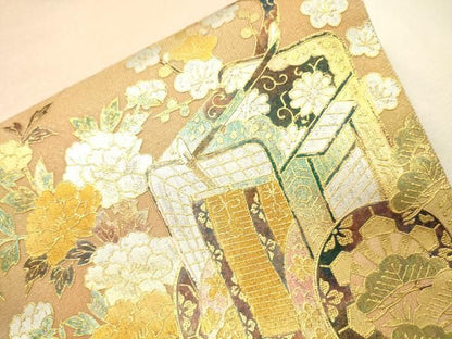 平和屋着物▼太鼓柄袋帯　御所車飛鶴花文　金彩　正絹　逸品　DABL2151fe