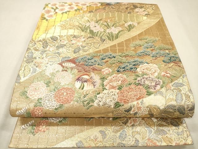 平和屋着物▼六通柄袋帯　唐織　鴛鴦更紗花松文　金糸　正絹　逸品　DABL2177fe