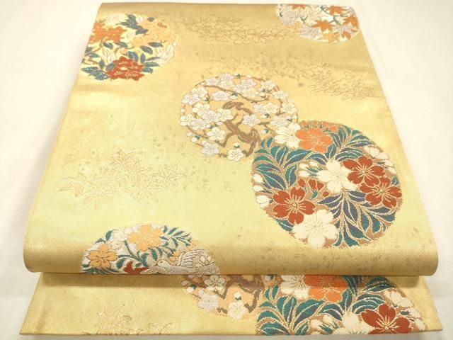 平和屋着物▼西陣　京の名門　じゅらく謹製　六通柄袋帯　花鳥丸文　金彩　引箔　正絹　逸品　未使用　DABL2201fe